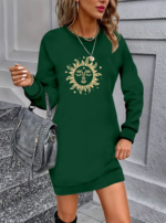 Kadın Uzun Kollu Bisiklet Yaka Güneş Desenli Viskon Iki Iplik Elbise - Görsel 3