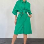 Yeşil Kısa Kollu Keten Gömlek Ve Şort Takım
