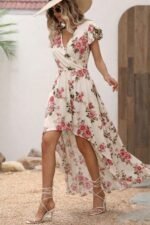 Kadın Kısa Kollu Kruvaze Yakalı önü Asimetrik Detaylı Uzun çiçek Desenli Süprem Elbise - Görsel 4