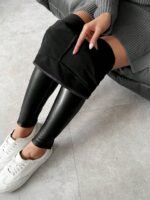 Kadın Yüksek Bel şardonlu Parlak Deri Tayt - Görsel 6