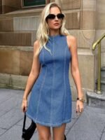 Kadın Omuzlardan Açık Bisiklet Yaka Kısa Kot Elbise - Görsel 2