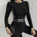 Kadın Uzun Kollu Leopar şeritli Viskon Bluz