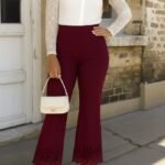 Kadın Yüksek Bel Paçaya Doğru Genişleyen Lazer çiçek Kesim Detaylı Ithal Krep Pantolon