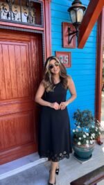 Kadın Kolsuz Etek Ucu Lazer Kesim çiçek Desenli Midi Boy Janjan Krep Elbise - Görsel 5