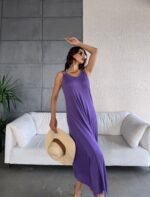 Kadın çan Dokuma Kumaş V Yaka Asimetrik Kesim Elbise - Görsel 4