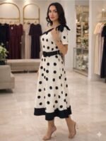 Kadın Omuz Dekolteli Fiyonk Ve Puantiye Detay Maxi Boy Elbise - Görsel 2