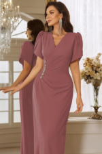 Kadın Kısa Kollu Kruvaze Yakalı Belden çiçek Aksesuarlı Yırtmaçlı Ithal Krep Elbise - Görsel 2