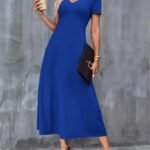 Kadın Kısa Kollu V Yakalı Cepli Viskon Elbise