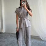 ÇİZGİLİ POLYVİSKON BLUZ - PANTOLON TAKIM - Gri