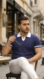 Erkek Renkli Yakalı File Desenli Kısa Kollu Tişört - Görsel 2