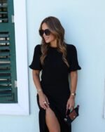 Kadın Kısa Kollu Bisiklet Yakalı Yandan Yırtmaçlı Büzgülü Janjan Krep Elbise - Görsel 3