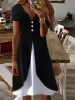 Kadın Kısa Kollu V Yakalı önden Düğmeli çift Renkli Viskon Elbise - Görsel 3