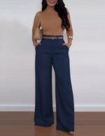 Kadın Yüksek Bel Geniş Paça Detaylı Cepli Ithal Krep Pantolon (kemersiz) - Görsel 2