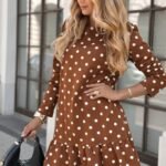 Kadın Uzun Kollu Bisiklet Yaka Fırfırlı Puantiyeli Kısa Modal Elbise