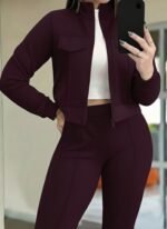 Kadın Uzun Kollu önden Fermuarlı Kısa Modal Mor Ceket Ve Pantolon Ikili Takım - Görsel 2