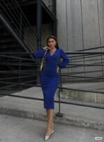 Kadın Kruvaze Yaka Balon Kol Simli Krep Kumaş Midi Boy Elbise - Görsel 3