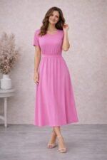 Kadın Kısa Kollu Yuvarlak Yaka Arkadan Düğmeli Viskon Midi Elbise - Görsel 4