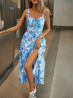 Kadın Askılı Geniş V Yakalı Sırttan Bağlamalı Yırtmaçlı Süprem Elbise