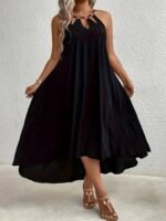 Kadın Boyundan Askılı Damla Detaylı Halkalı Asimetrik Kesim Viskon Elbise - Görsel 2