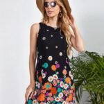 Kadın Sıfır Kollu Bisiklet Yaka çiçek Desenli Süprem Mini Elbise