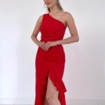 Kırmızı Yırtmaçlı Volanlı Elbise