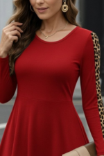 Kadın Uzun Kollu Bisiklet Yaka Kollar Leopar Detay Iki Iplik Mini Boy Elbise - Görsel 2