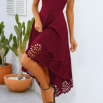 Kadın Askılı Geometrik Yaka çiçek Lazer Kesim Ithal Krep Elbise