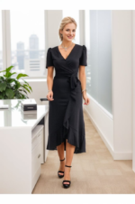 Kadın Kruvaze Yaka Midi Boy Kuşaklı Krep Elbise 120 Cm - Görsel 3