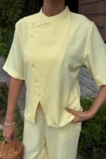 Hakim Yaka Çapraz Düğmeli Plazzo Pantolon Viscon Keten Takım 10209 - Görsel 9