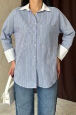 Mavi Çizgili Poplin Uzun Kol Gömlek - Görsel 4