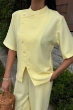 Hakim Yaka Çapraz Düğmeli Plazzo Pantolon Viscon Keten Takım 10209 - Görsel 8