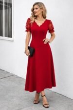 Kadın Kısa Kollu V Yakalı Uzun Janjan Elbise - Görsel 2