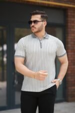 Erkek çizgili Fermuar Yakalı Kısa Kollu Tişört