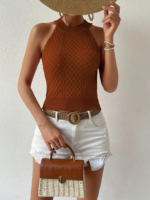 Kadın Kolsuz Halter Yaka Mini Baklava Desenli Triko Bluz - Görsel 4