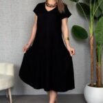 Kadın Kısa Kollu V Yaka Salaş Maxi Boy Elbise