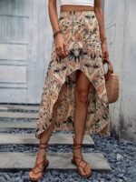 Kadın Yüksek Bel çiçek Desenli önü Asimetrik Detaylı Uzun Süprem Etek - Görsel 5