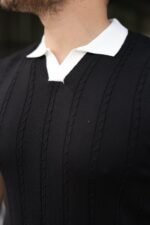 Erkek Örgü Desen Yakalı Kısa Kollu Triko Tişört - %100 Pamuk Akrilik - Görsel 6