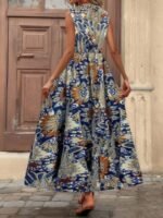 Kadın Askılı Kruvaze Yakalı Uzun Desenli Kemersiz Süprem Elbise - Görsel 6