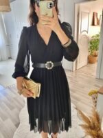 Kadın şifon Kumaş Astalı Kloş Kesim Kruvaze Yaka Midi Boy Elbise - Görsel 2