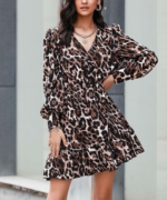 Kadın Uzun Kollu Beli Lastikli Etek Ucu Volanlı Leopar Desen Krep Elbise - Görsel 2