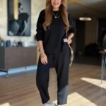 Kadın Uzun Kollu Bisiklet Yaka Viskon Iki Iplik Bluz Ve Pantolon Ikili Takım