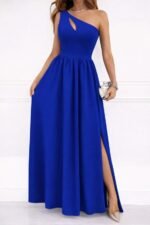 Kadın Omuzlardan Açık Asimetrik Yaka Detaylı Yırtmaçlı Maksi Boy Janjan Krep Elbise - Görsel 2