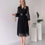 Kadın şifon Kumaş Astalı Kloş Kesim Kruvaze Yaka Midi Boy Elbise