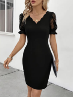 Kadın Kısa Kollu Dantelli V Yakalı Yanlardan Büzgülü çapraz Detaylı Ithal Krep Elbise - Görsel 5