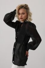 Belden Bağlamalı Uzun Kol Gömlek - Siyah - Görsel 3