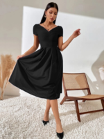 Kadın Kısa Kollu V Yakalı önden Pileli Janjan Krep Elbise - Görsel 5