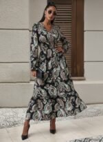 Kadın Uzun Kollu Kruvaze Yaka Beli Lastikli Uzun Desenli Maxi Elbise - Görsel 2