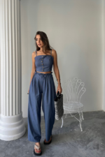 TENCEL CROP ASKILI BLUZ - ŞALVAR PANTOLON TK - İndigo