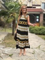 Kadın Omuzlardan Büzgülü Kayık Yaka Fırfırlı Janjan Krep Elbise