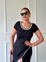 Kadın Yuvarlak Ribana Yaka Beyaz Yırtmaç Detaylı Viskon Tam Boy Elbise - Görsel 6